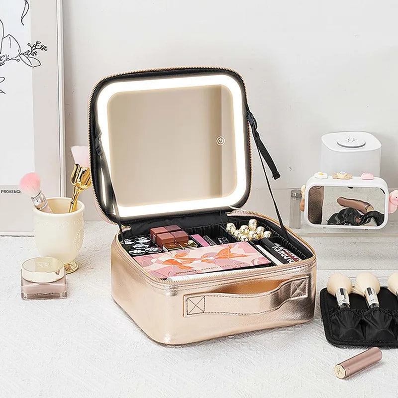 Large Capacity Makeup Bag with Full Screen Mirror Portable Travel Organizer