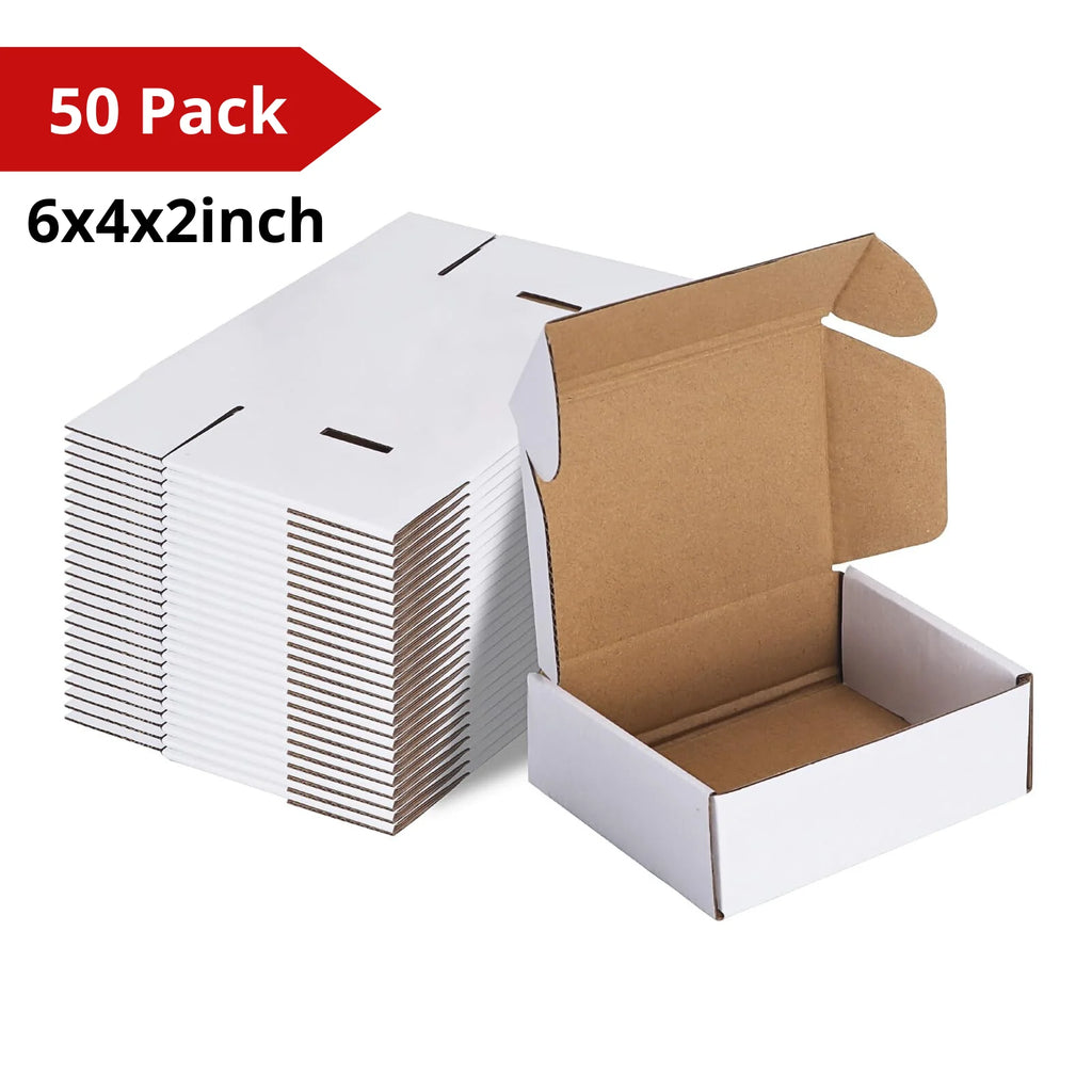 50 Pack Small Corrugated Gift Boxes 6x4x2 Inch White Cardboard Shipping Packaging
