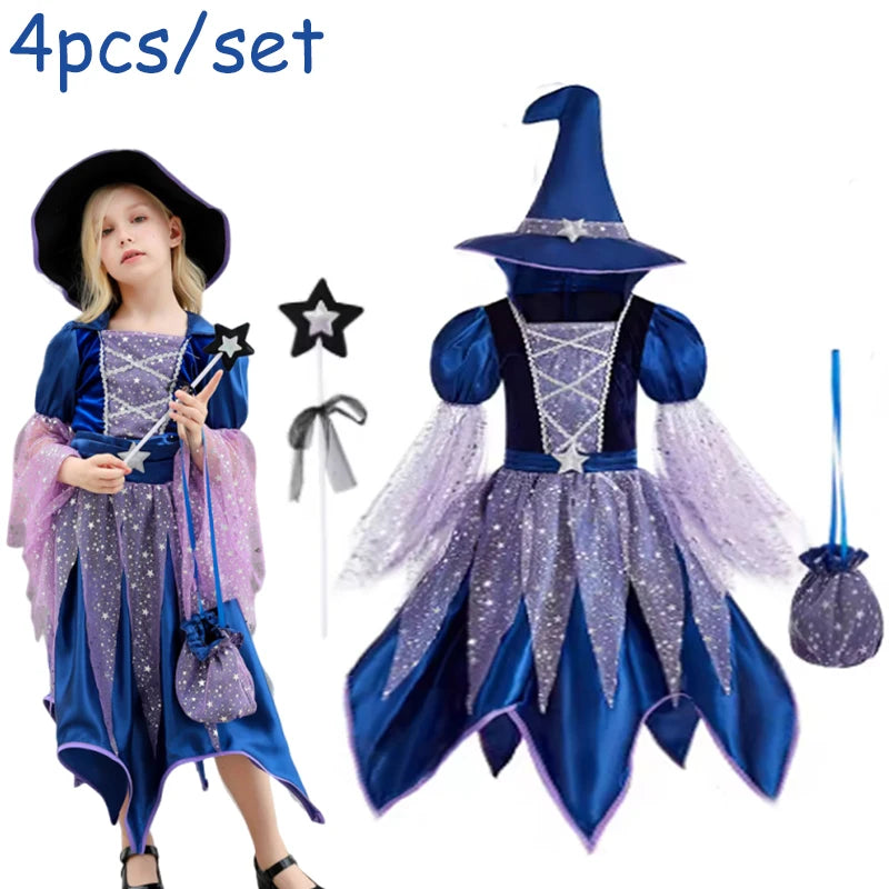 Girls Witch Costume Dress with Hat, Wand & Bag for Halloween Party Kids Cosplay