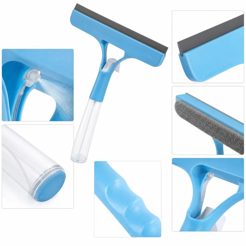 Handheld Glass Cleaner Squeegee with Spray & Sponge - Streak-Free Car Bathroom Kitchen