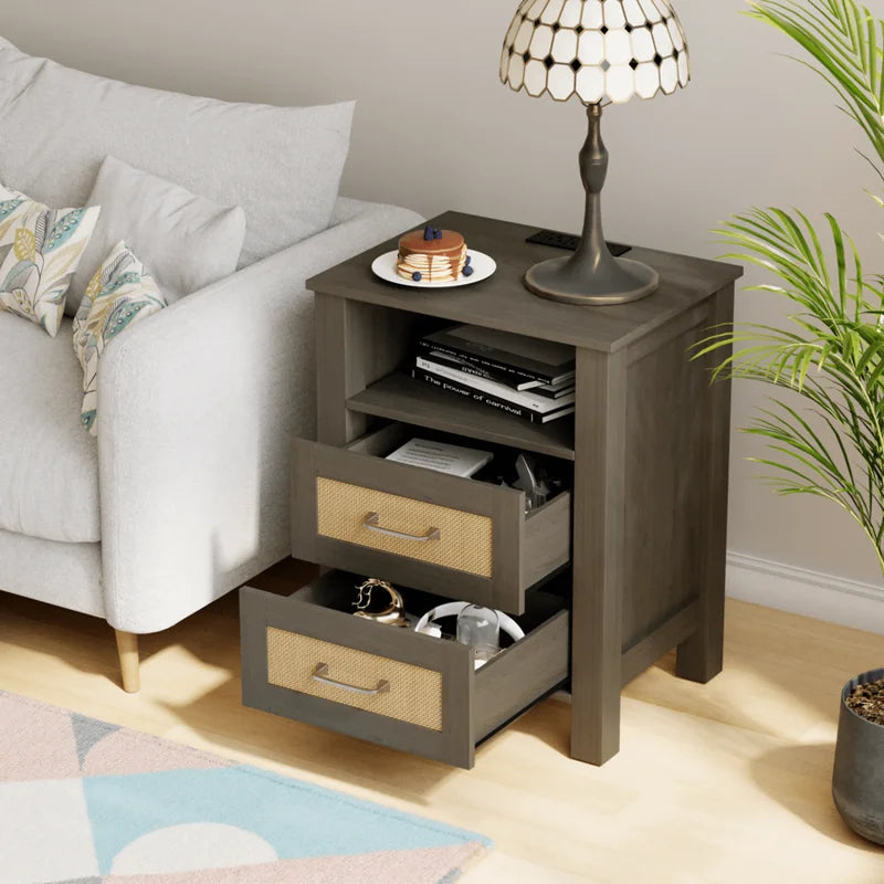 Rattan Nightstand with 2 Drawers & Storage Shelf - Farmhouse Boho Bedside Table