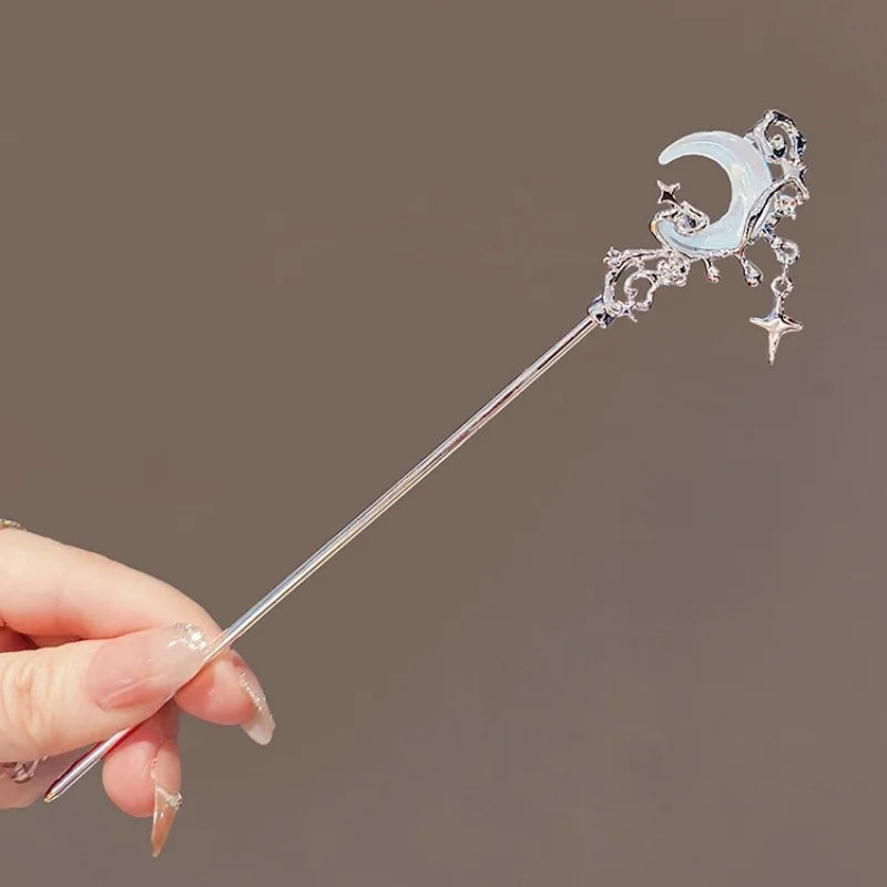 Crystal Moonstone Star and Moon Hairpin with Tassel Clip - Ladies Headwear Accessory