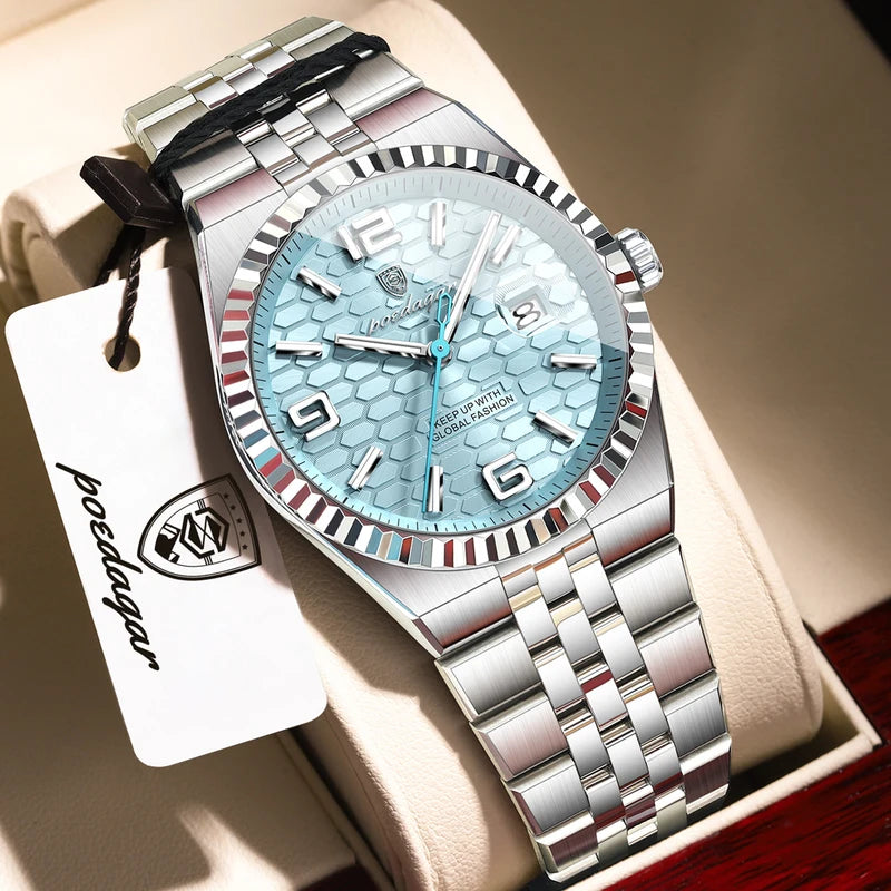 Luxury Men's Waterproof Luminous Dial Quartz Watch with Stainless Steel Band