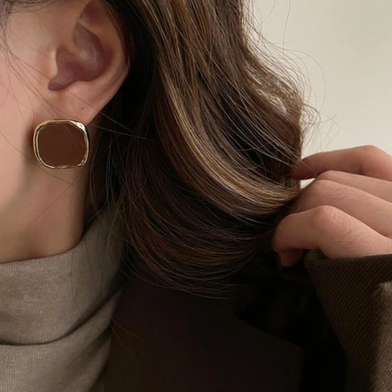 Vintage Irregular Geometry Square Stud Earrings for Women - Black Enamel, Trendy Party Jewelry