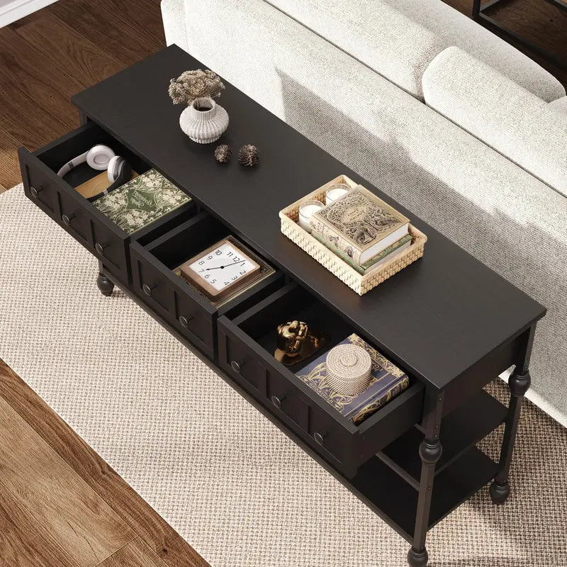 52-Inch Narrow Console Table with 3 Drawers & 2 Shelves - Farmhouse Industrial Entryway Sofa Table