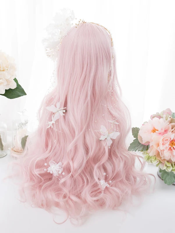 Long Peach Pink Synthetic Wigs with Bangs for Women - Heat Resistant & Wavy, 26 Inch