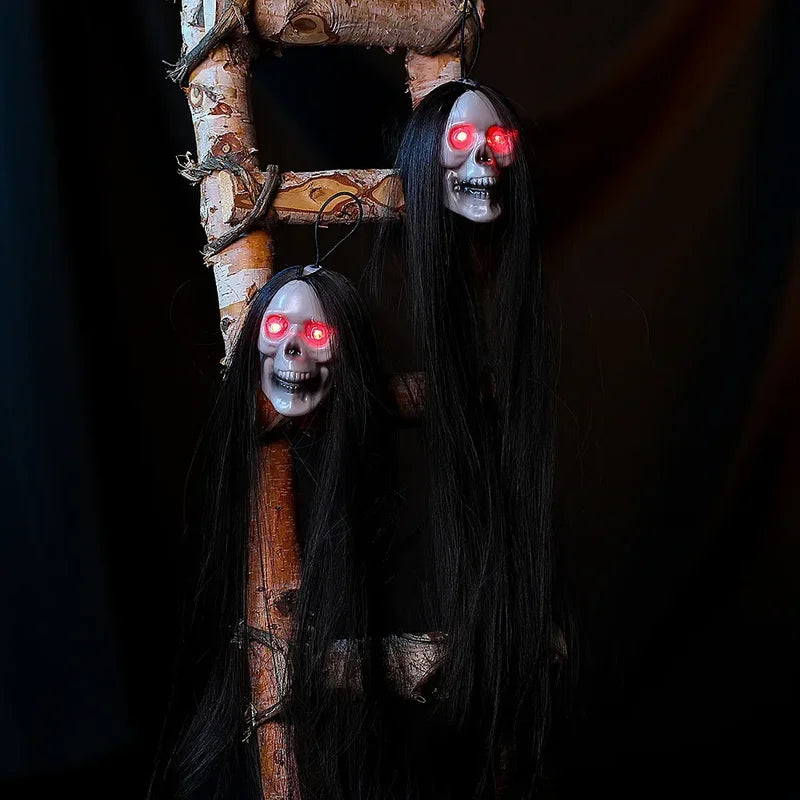 Halloween Hanging Ghost Skull with Glowing Eyes & Long Hair - Terror Skeleton Prop for Haunted House Decor