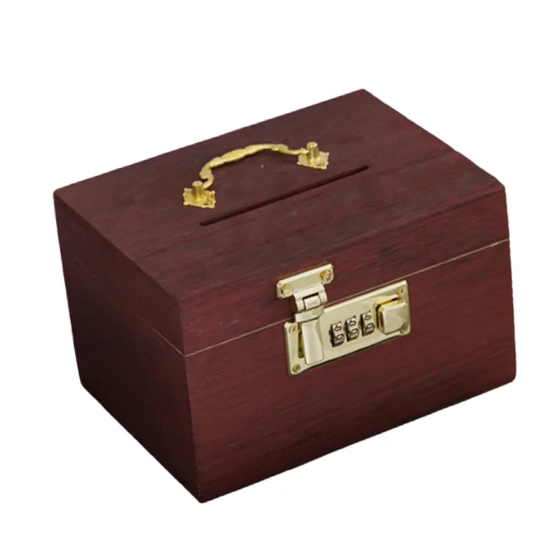 Vintage Wooden Coin Bank with Lock & Security Code - Treasure Money Box for Kids & Adults