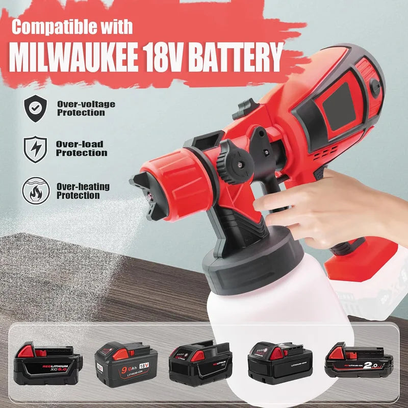 Cordless HVLP Paint Sprayer for Milwaukee 18V Battery, 30000 RPM, 4 Nozzles