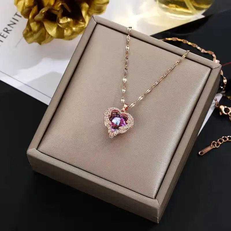 Colorful Crystal Ocean Heart Pendant Necklace for Women Stainless Steel Jewelry
