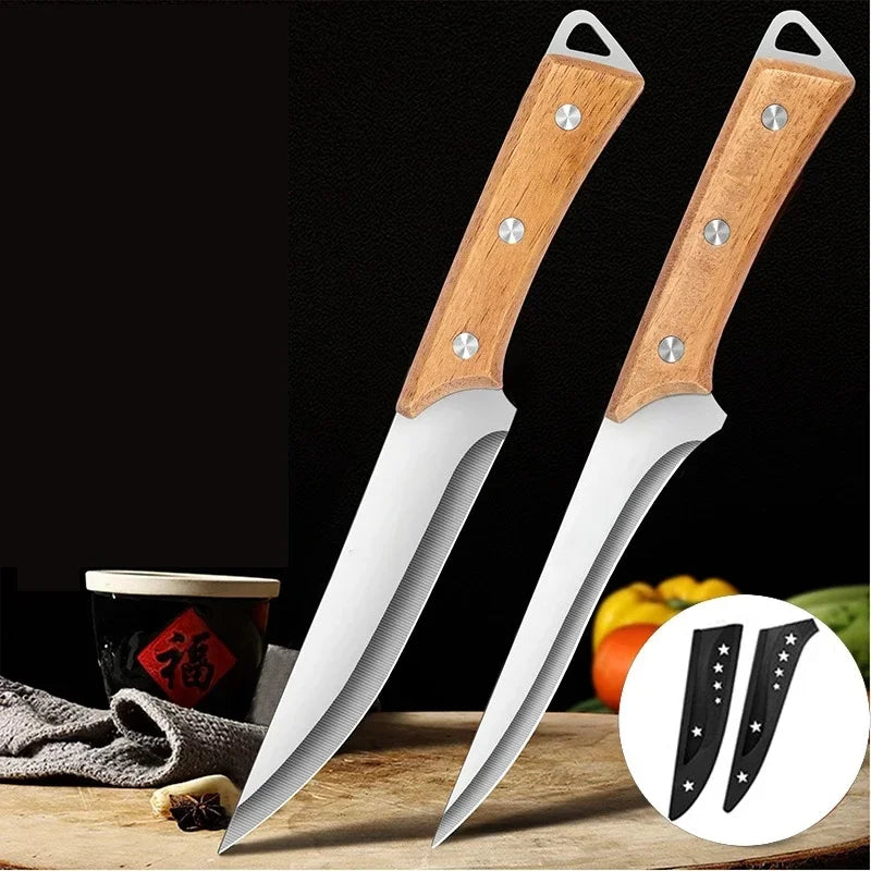Stainless Steel Fillet Boning Knife - Professional Chef's Kitchen Knife with Wooden Handle - Forged Meat & Fish Slicing Knife