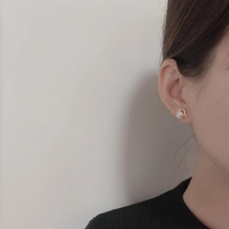 Luxury 14k Gold Earrings with Zircon and Pearl Twist Studs for Women
