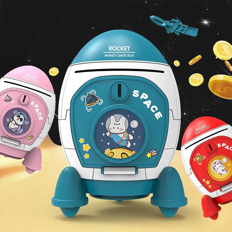 Children's Space Rocket Piggy Bank with Sticker Accessories - Multi-Color Plastic Coin Bank for Kids