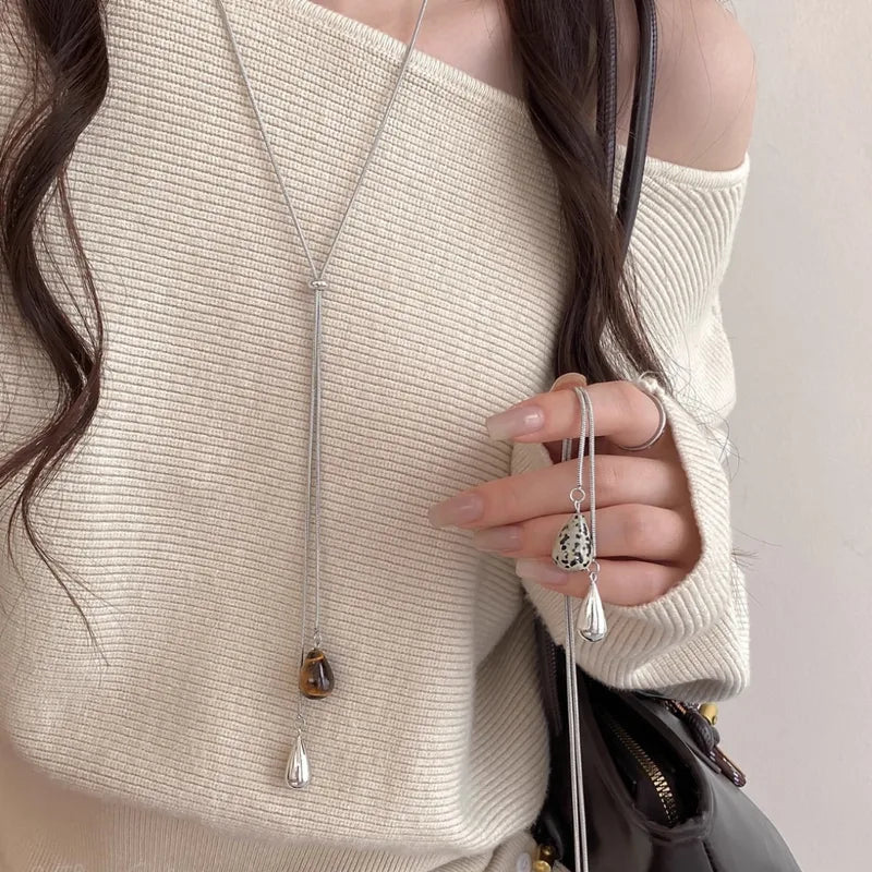 Retro Tiger's-Eye Stone Water Drop Pendant Necklace for Women Adjustable Jewelry Gift