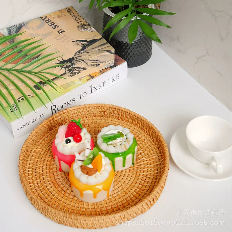 Hand-Woven Vietnam Rattan Round Tray Basket Japanese Style Bread Storage Organizer