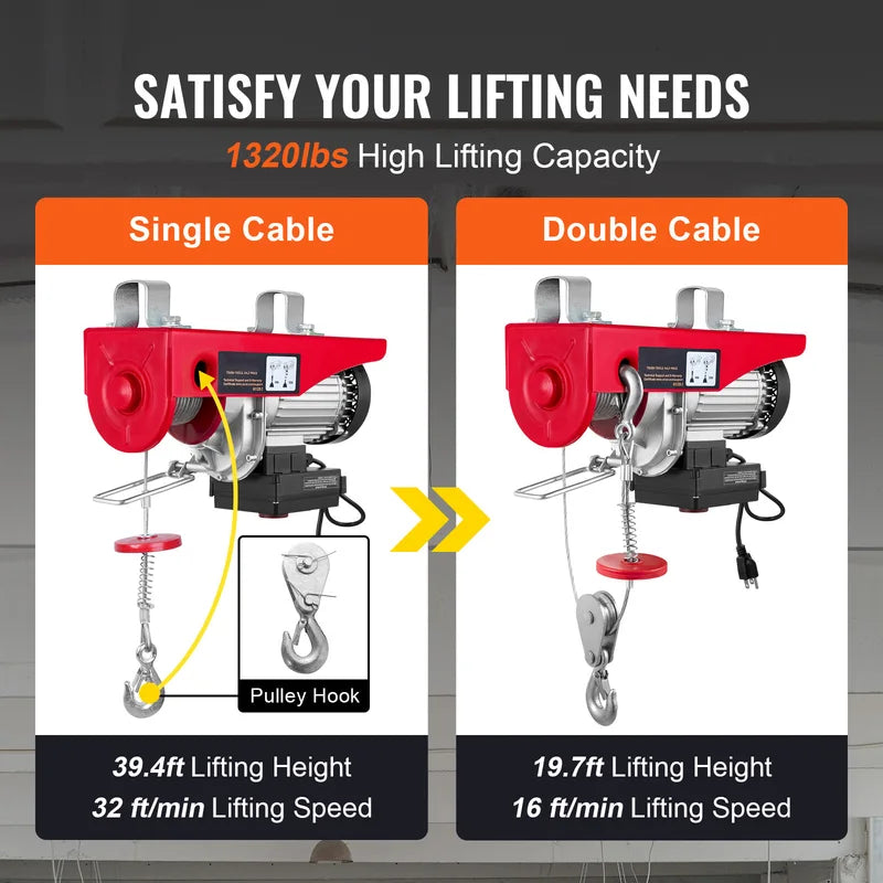 Electric Hoist 400-1000kg Crane Lifter with Remote Control for Garage, Boat, Car