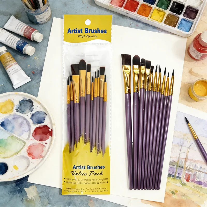 10-Piece Artist Paint Brush Set - Nylon Bristle Watercolor, Acrylic & Oil Brushes