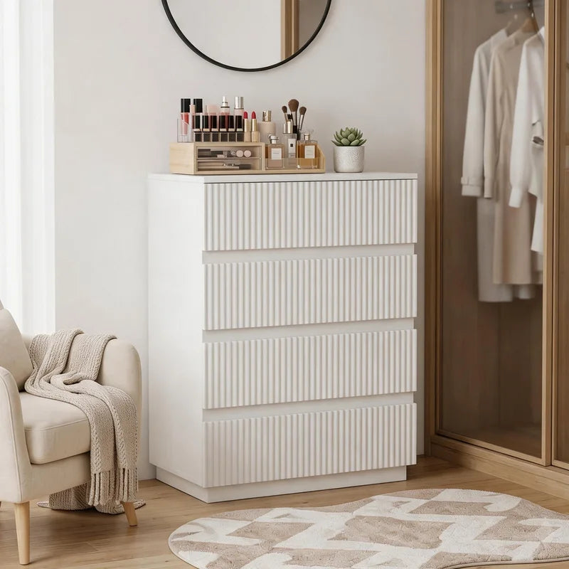 White Fluted 4-Drawer Chest of Drawers - Tall Storage Dresser for Bedroom & Living Room