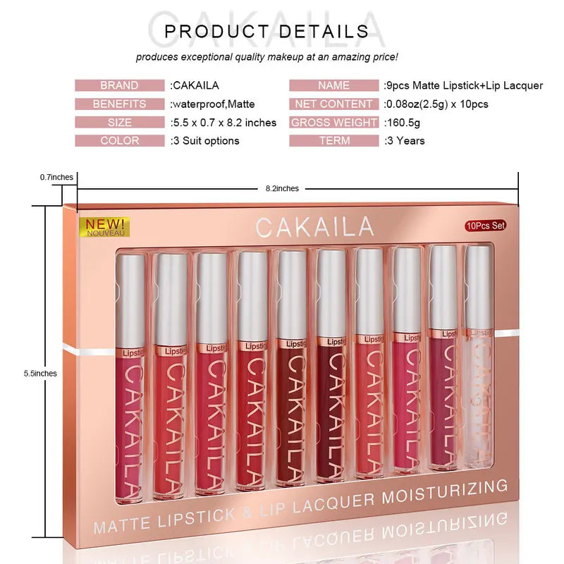 10Pcs Lipstick Set - Matte Velvet Lip Gloss Waterproof Long Lasting Lip Makeup