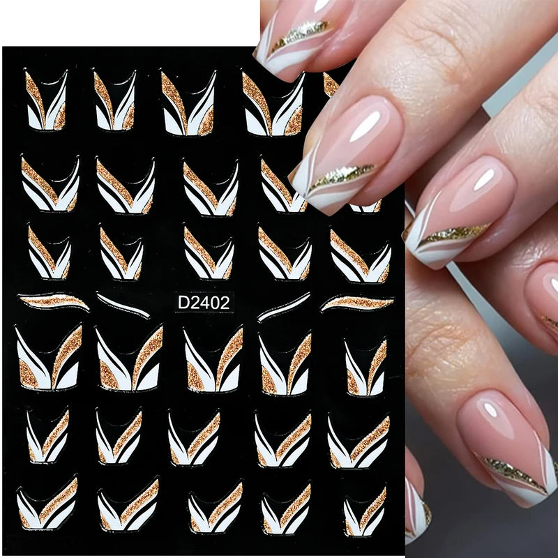 French Nail Stickers with Gold Silver Stripes Waves Ribbons Reflective Powder Decals