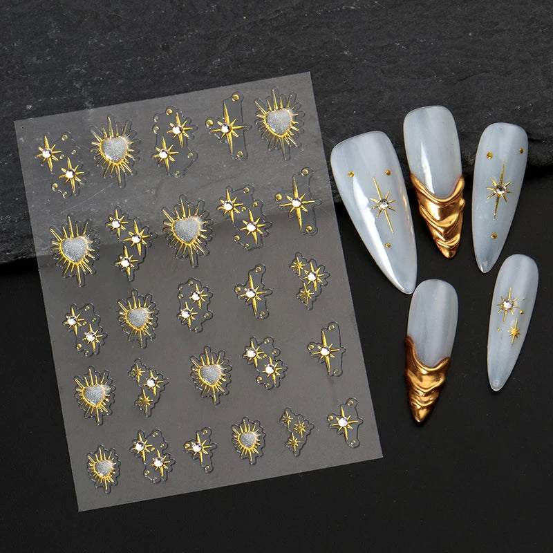 2Pcs Shiny Gold Heart and Star Nail Art Stickers - 3D Rhinestone Decals