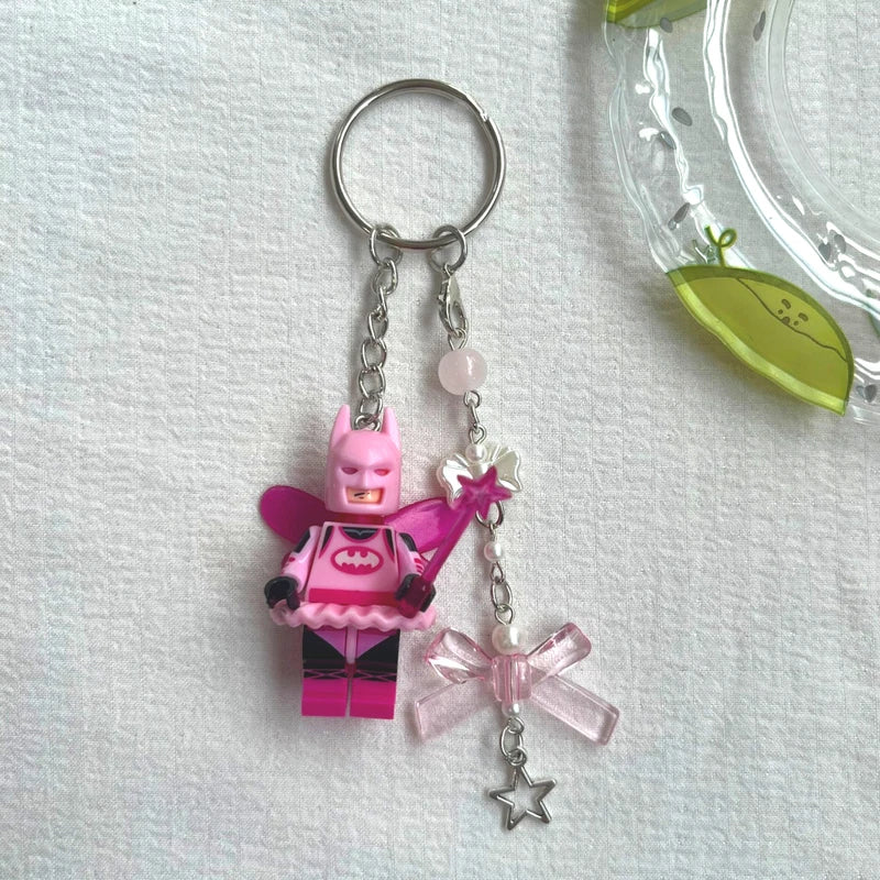 Cute Pink Fairy Batman Building Block Keychain Charms for Couples & Friends