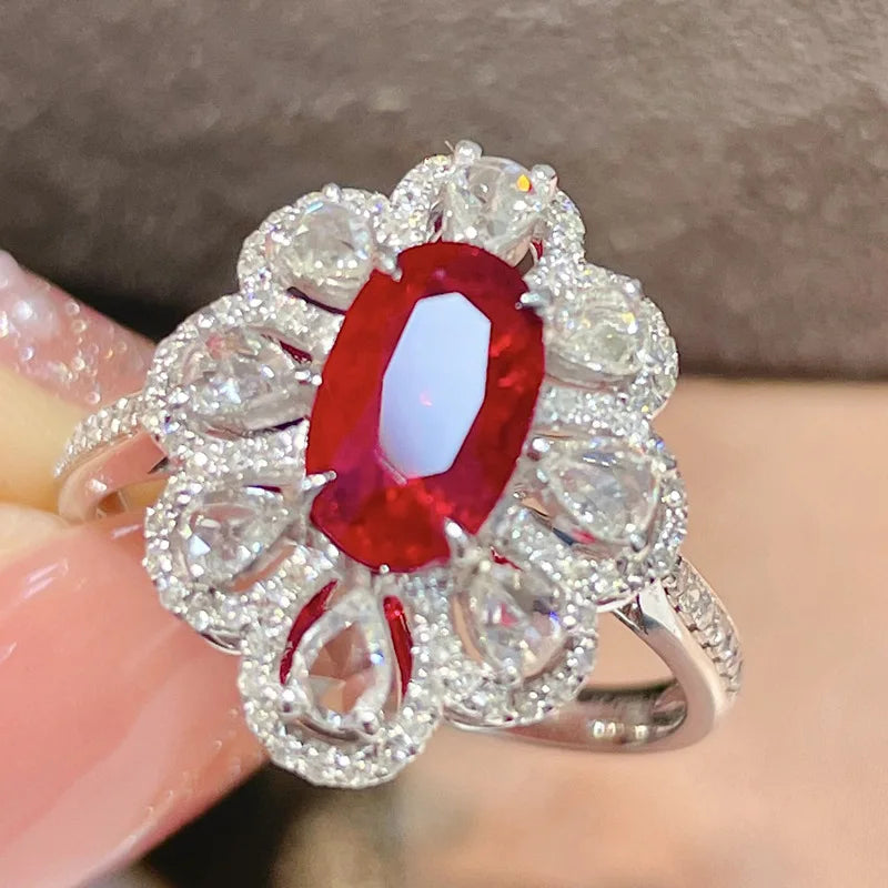 Luxury Red Oval Gemstone Ring with Diamond Zircon in Sterling Silver for Special Occasions