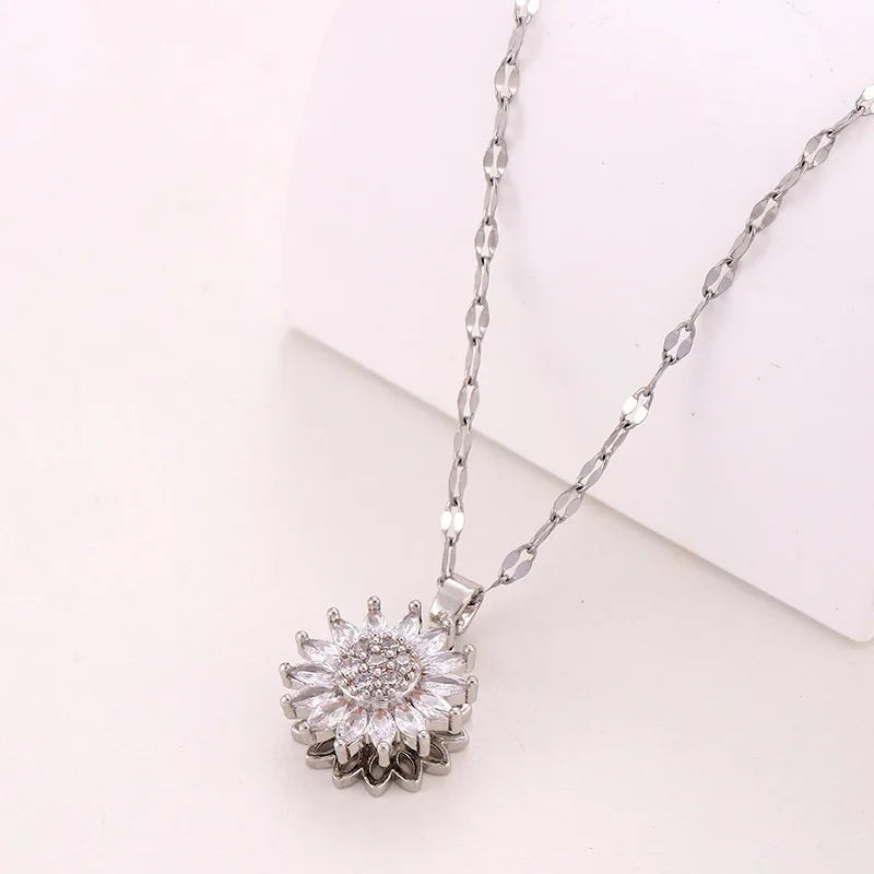 Trendy Spin Sunflower Necklace for Women Stainless Steel Zircon Jewelry
