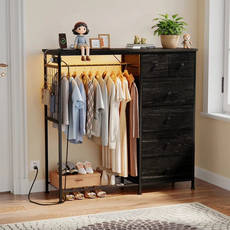 6-Drawer Fabric Dresser with Hanging Rack and LED Lights for Bedroom Storage
