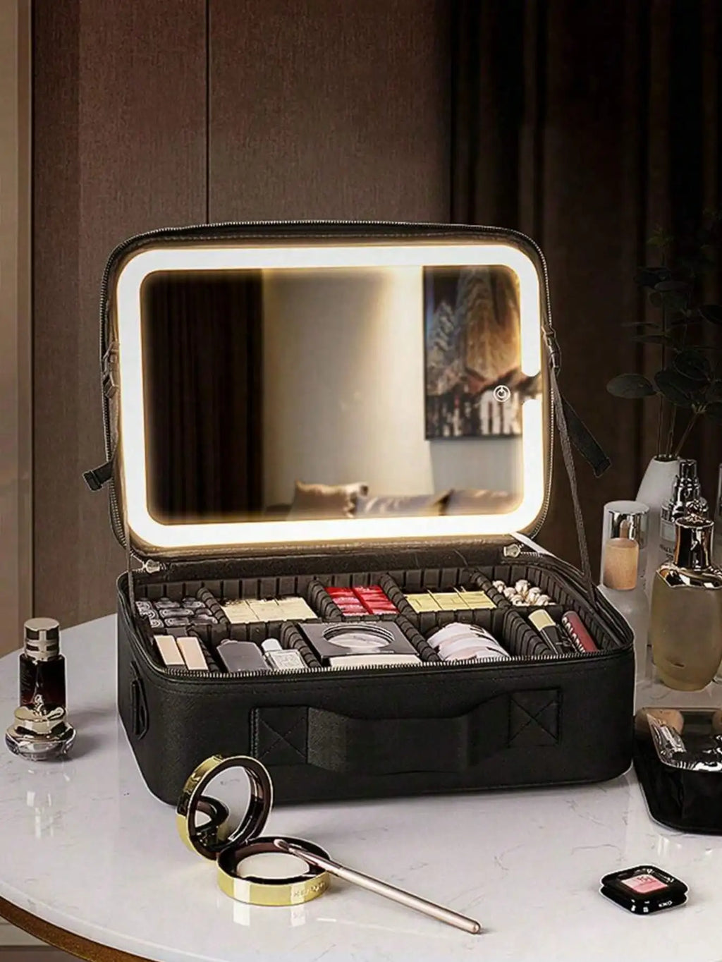 Travel Makeup Bag with LED Lighted Mirror, Large Capacity Rechargeable Cosmetic Organizer Case for Women