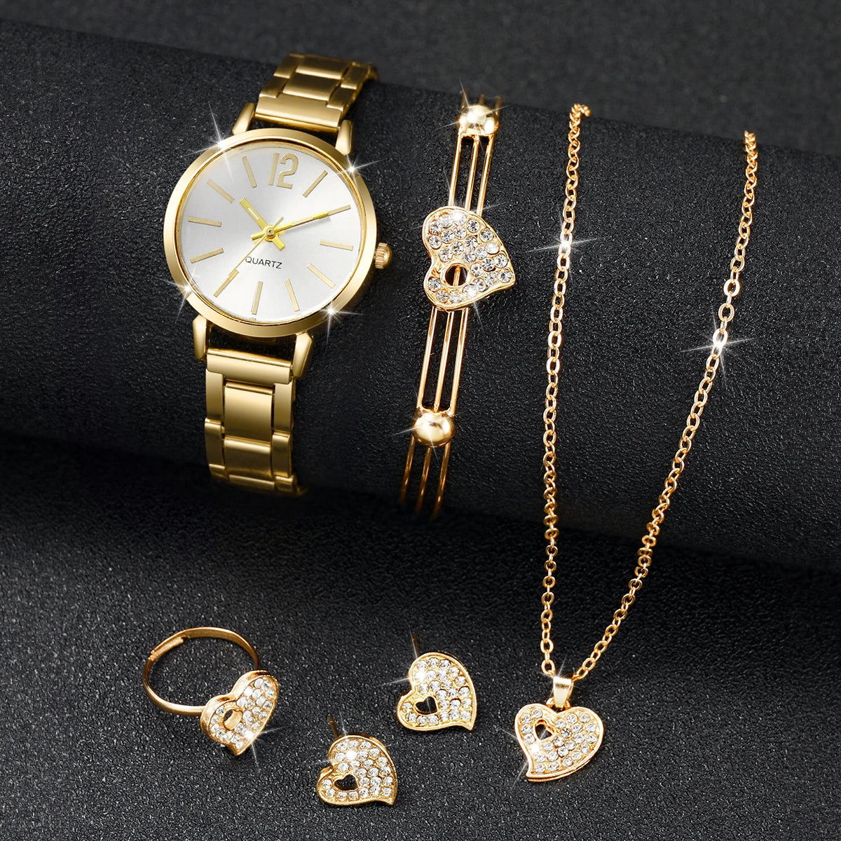 Women's Stainless Steel Analog Quartz Watch with Heart Jewelry Set - 6 Pieces