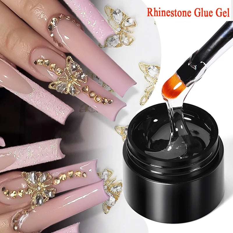Nail Rhinestone Glue Gel with Mirror Powder and Nail Liner Brush for Nail Art
