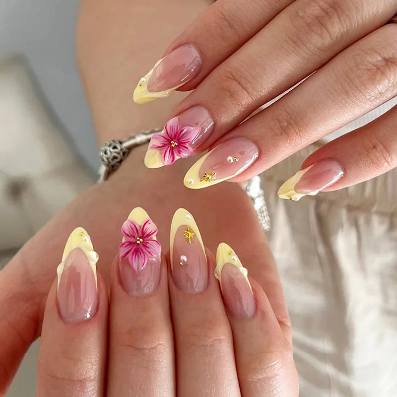 24Pcs Full Cover Nail Tips - French Almond False Nails for Manicure