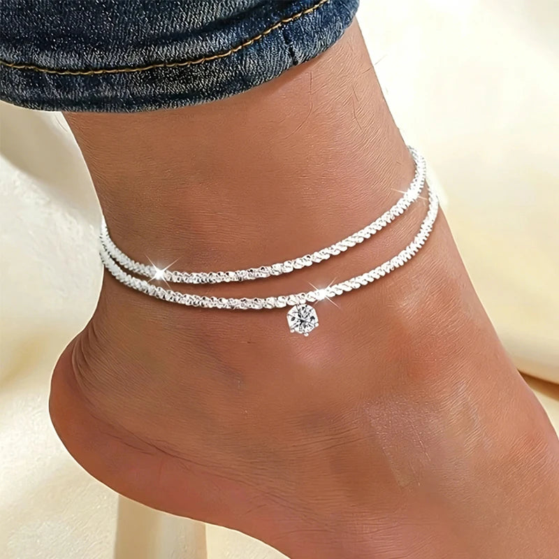 Adjustable Double Layer Cubic Zirconia Anklet for Beach & Summer Wear