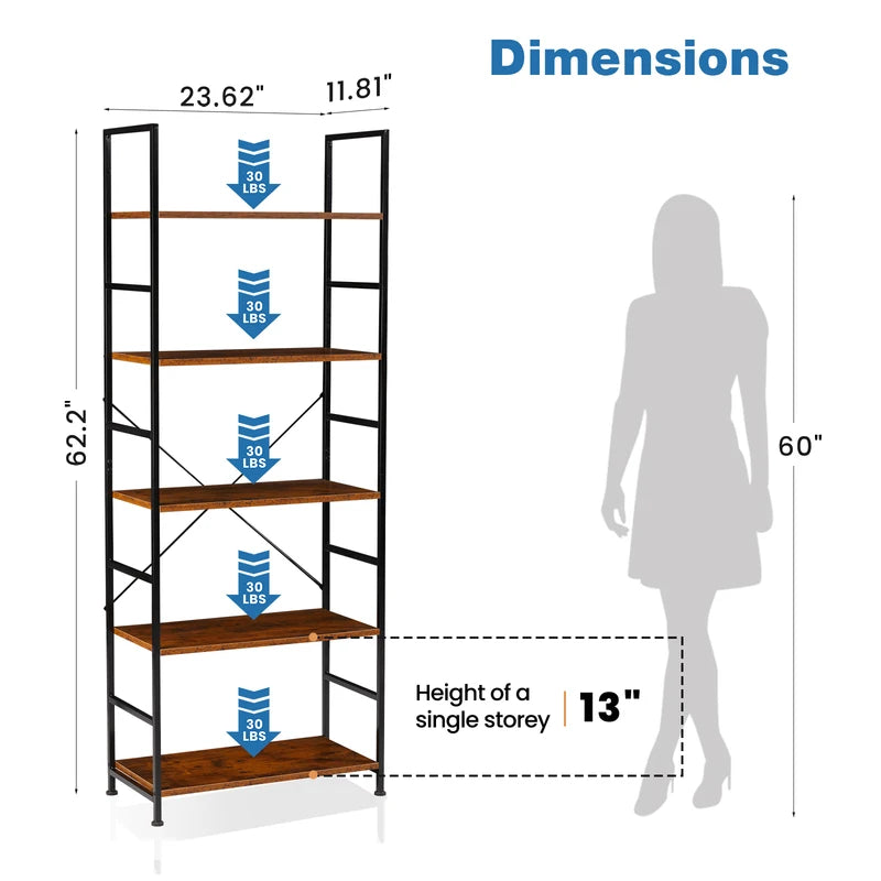 5 Tier Modern Bookcase Shelf for Living Room Bedroom Office Storage Organizer