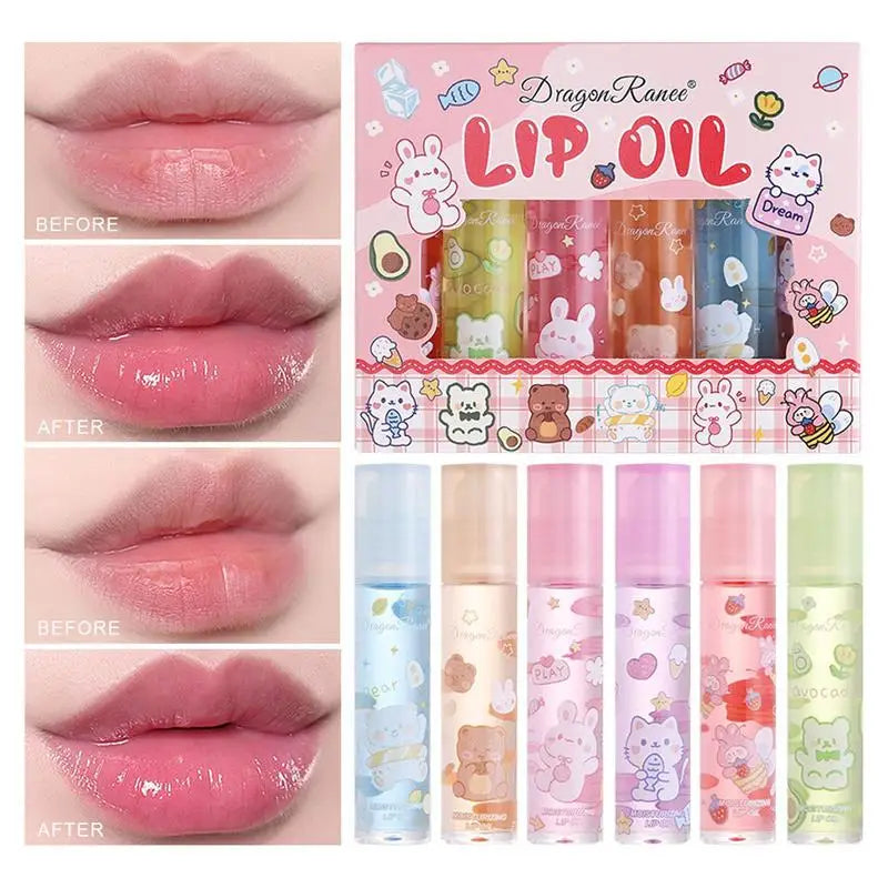 Moisturizing Lip Oil Set with Flower Essential Oils - 6pcs Natural Gloss for Women & Kids