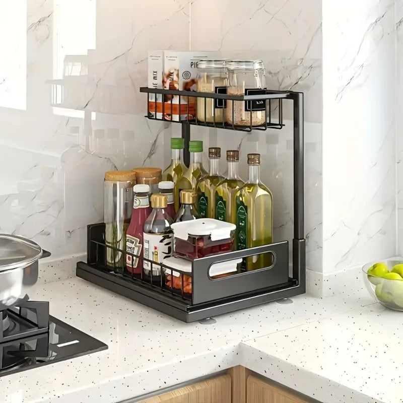 Under Sink Organizer with Sliding Drawer - Metal Storage Shelves for Kitchen Cabinets