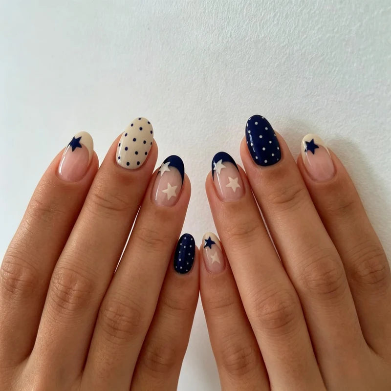 24pcs Oval Star Polka Dot Nail Stickers Set with Nail File & Jelly Gel - Nail Art Decor