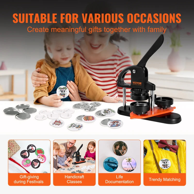 Button Maker Kit with 25/32/58 Pin Press and Ergonomic Handle - Craft & DIY Badge Maker