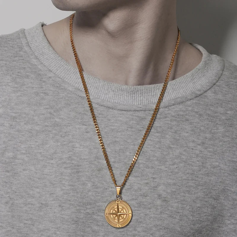 Retro Compass Pendant Necklace Men Stainless Steel Hip Hop Jewelry Gift