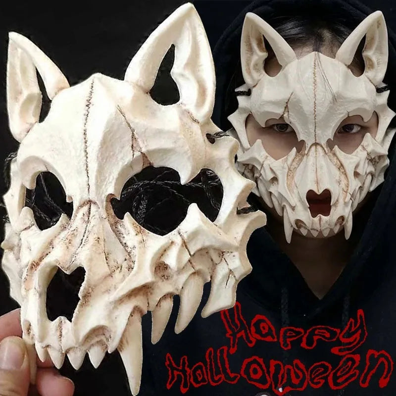 Scary Halloween Skull Mask with Long Teeth & Demon Skeleton Half Face Cosplay Mask