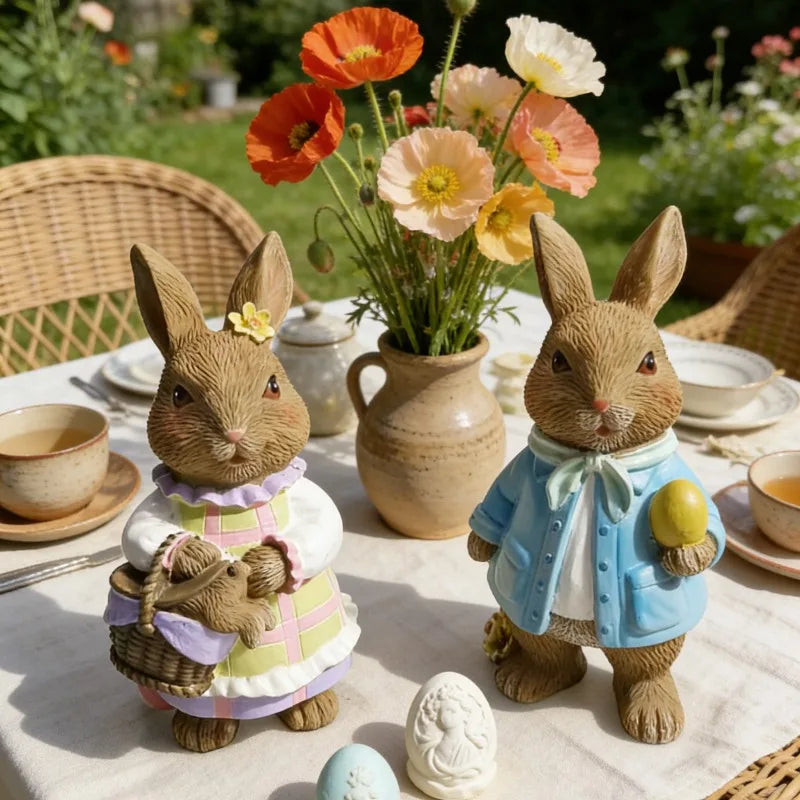 Mini Resin Rabbit Figurines for Easter Holiday Decor - 5 Inch Set