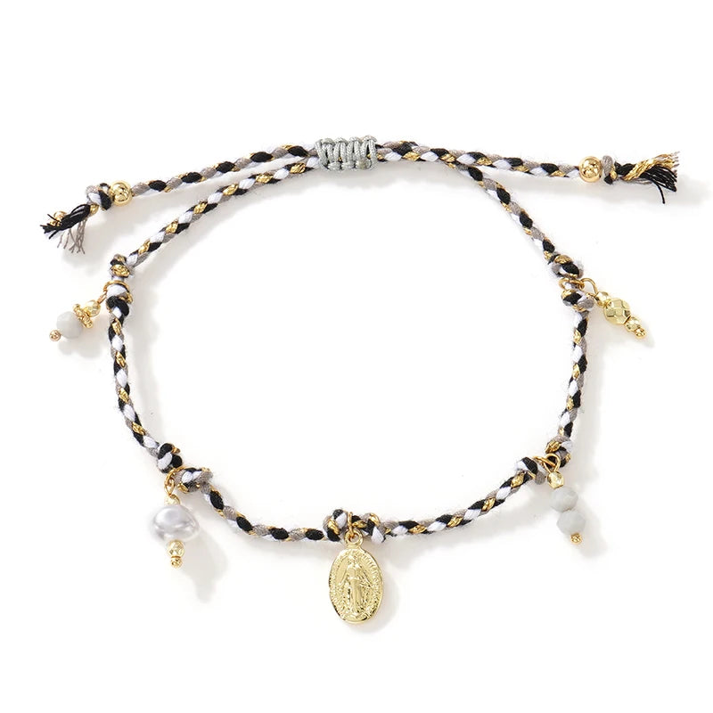 Multicolor Braided Rope Bracelet with Virgin Mary Pearl Charm Adjustable Women’s Jewelry