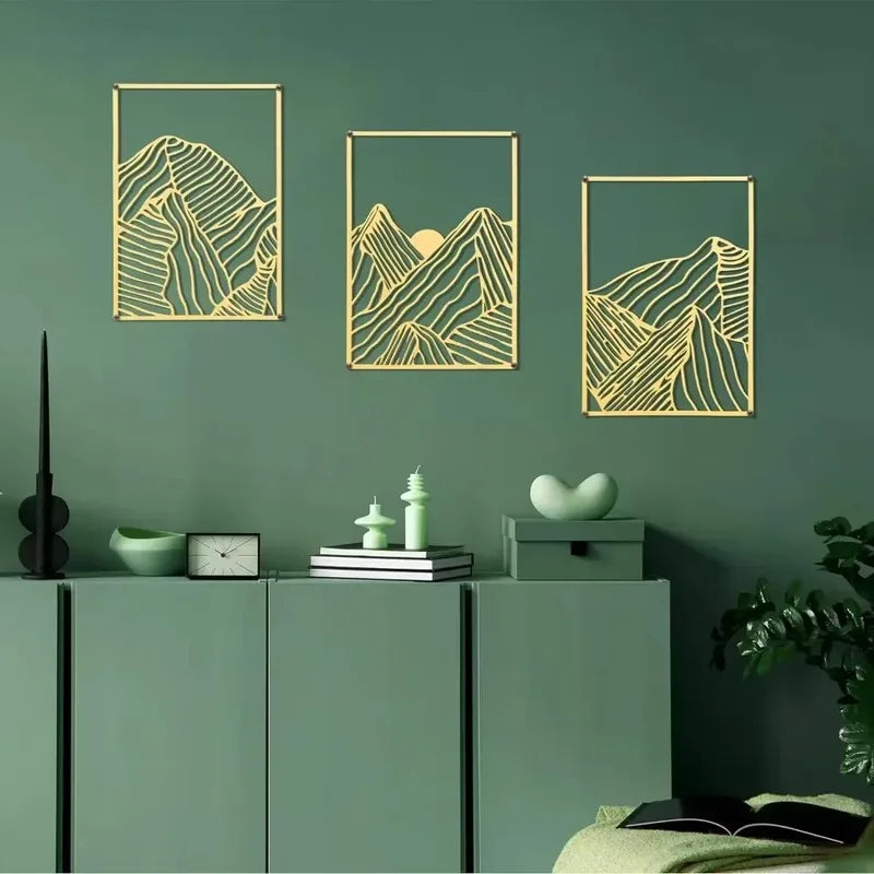 Metal Wall Art 3-Piece Abstract Mountain Line Sculpture Rustic Iron Decor