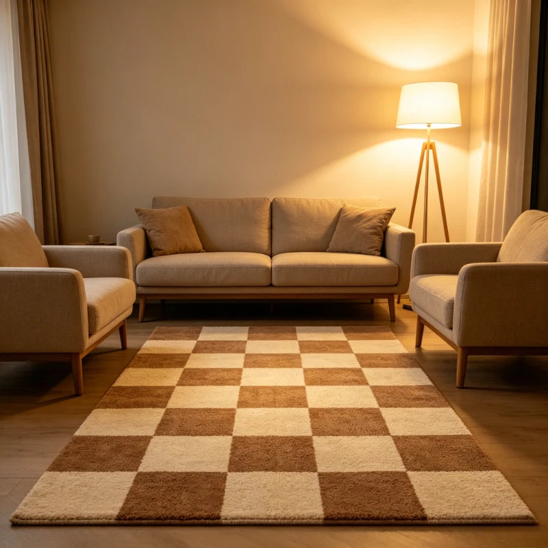 Large Plaid Design Living Room Carpet - Soft Plush Home Floor Mat for Bedroom and Decor