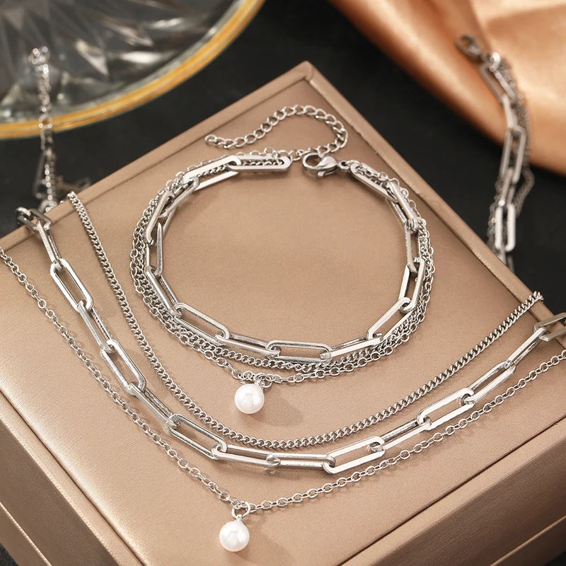 Delicate Pearl Pendant Jewelry Set for Women Multi-Layer Chain Gift