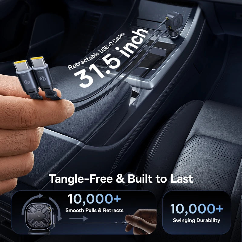 100W Car Charger with Dual USB-C Ports Fast Charging Retractable Cable 450° Rotation