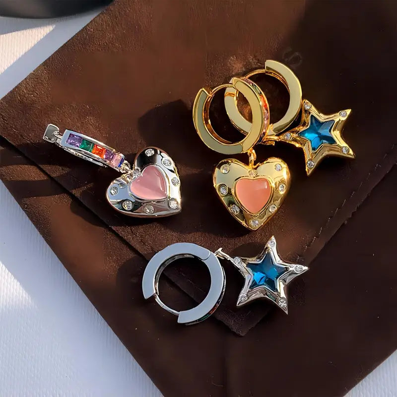 Romantic Heart Star Copper Zirconia Pendant Earrings for Women Unisex Jewelry