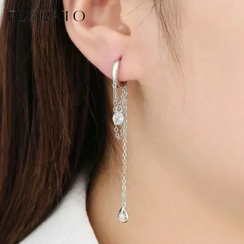Sterling Silver Tassel Earrings with Zircon for Women Trendy Wedding Jewelry