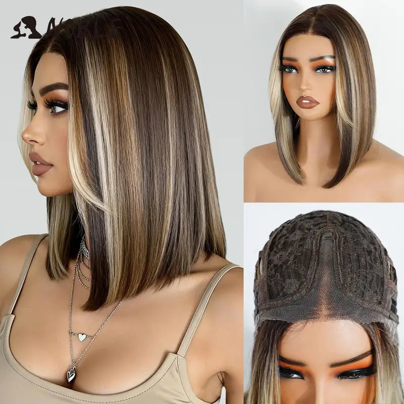 Synthetic Lace Front Wig for Women 12 Inch Ombre Brown Blonde Bob Cosplay Hair